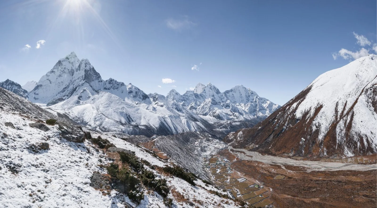 Panoramic view of Ama Dablam and the Khumbu valley with a terraced village below